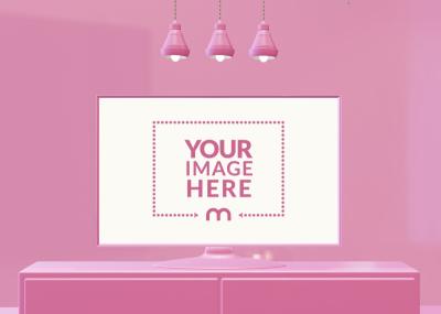 3D TV Screen Mockup with Pink Lights and Background