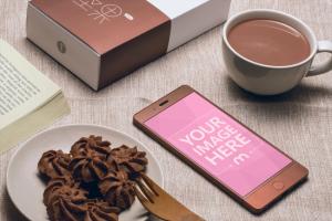 Android Smartphone on Desk with Coffee and Dessert Mockup Generator