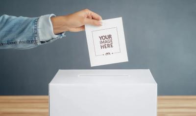 Ballot Paper in Voting Box Mockup with Woman Casting Vote