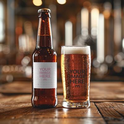 Beer Bottle and Beer Glass Label Mockup on a Pub