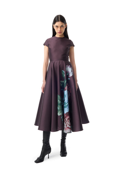BURGUNDY FLOWER PRINTED CAP SLEEVE DRESS marques almeida