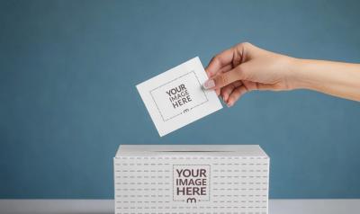 Casted Ballot Paper Mockup in Voting Box with Woman's Hand