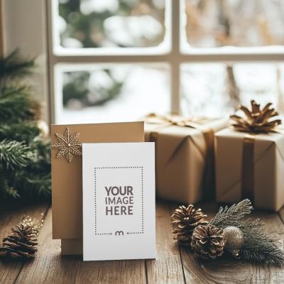 Christmas-Themed Greetings Card Mockup with Gifts