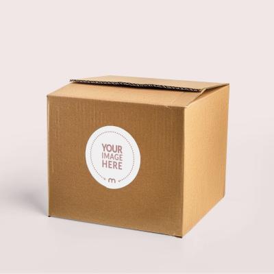 Circular Sticker Tag Mockup for Brown Delivery Box