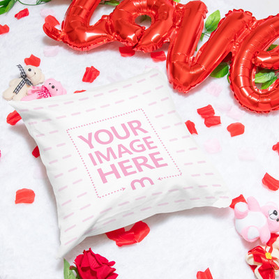 Close up Pillow Mockup Near a Red Love Ballon