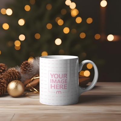 Coffee Cup Mug Mockup Template with Festive Christmas Background