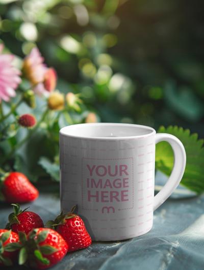 Coffee Mug Mockup with Strawberries Background