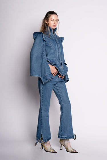 DENIM CAPRI FLARE TROUSERS WITH BELTED HEM marques almeida