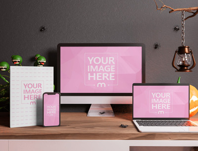 Devices and Book Mockup on top of a Table With Halloween Themed Scene