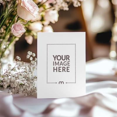 Elegant Wedding Table Menu Mockup Surrounded by Fresh Flowers