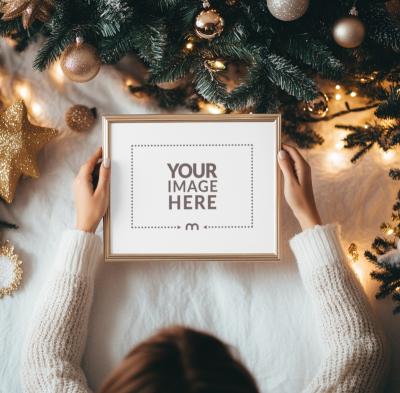 Empty Photo Frame Mockup Held by Woman with Christmas Decor