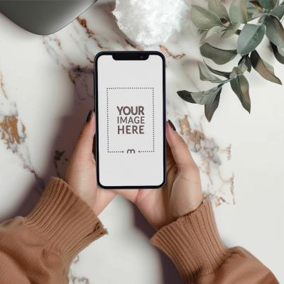 Female Hand Displaying Mobile Screen Mockup Top Perspective