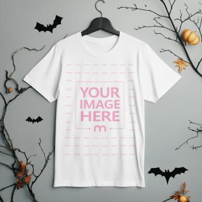 Flat Lay T-Shirt Mockup with Halloween Decor and Background