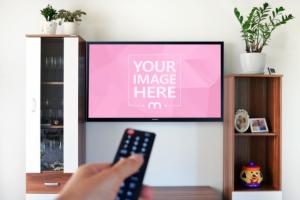 Flatscreen Smart TV on Living Room Wall Mockup