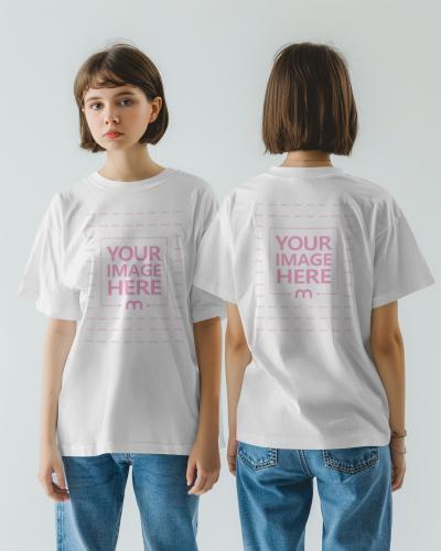 Front and Back View of T-Shirt Mockup Generator on a Teenage Girl