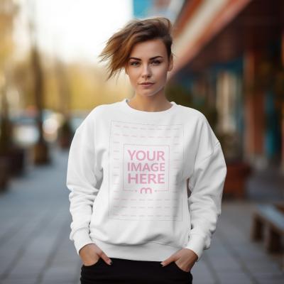 Full Sleeve Pullover Mockup Generator on Woman Standing Outdoor