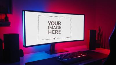 Gaming Monitor Mockup in a Neon RGB Desk Scene