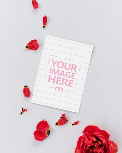 Greeting Card with Rose on White Surface Mockup