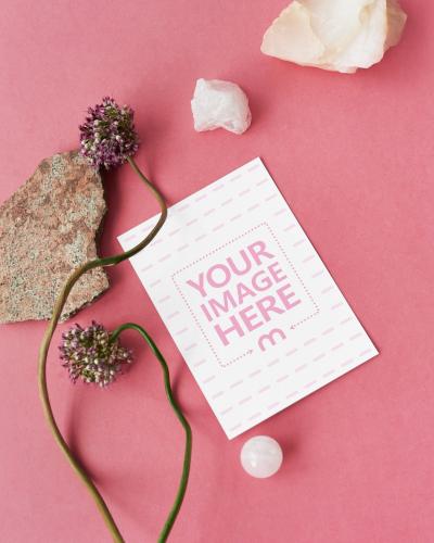 Greeting Card with Stones on Pink Surface Mockup