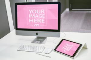 iMac and iPad on Desk Mockup