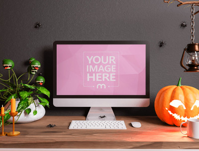 iMac Mockup With a Horror Plant and a Shining Pumpkin on the Side