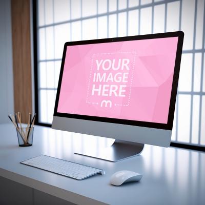 iMac on Bright Home Office Scene Mockup Template