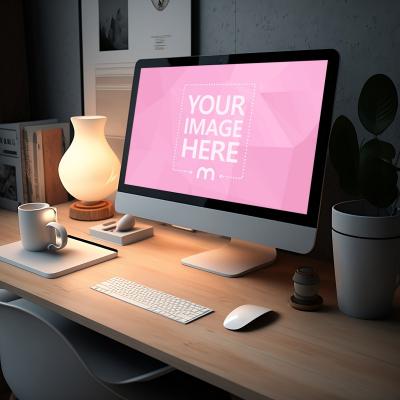 iMac on Bright Office Scene Mockup Generator