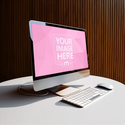 iMac on Round Table With Wooden Background Mockup