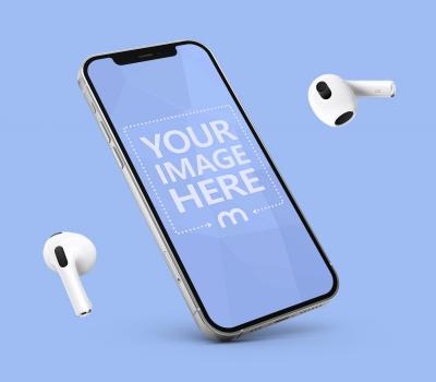 iPhone 12 and AirPods Hovering Mockup