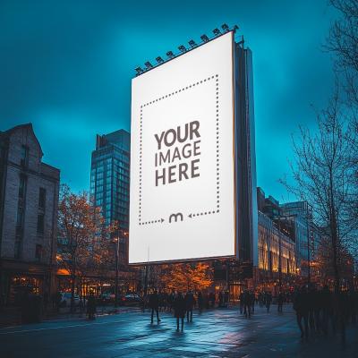 Large Vertical Billboard Mockup in City at Night Time