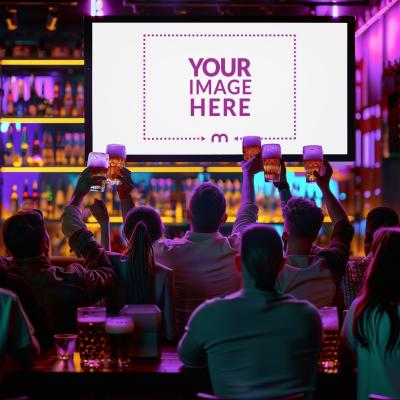 Lively Sports Bar TV Screen Mockup with Audience