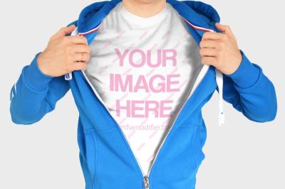 Man Showing T-Shirt Under Hoodie Mockup