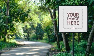 Realistic Street Sign Mockup on a Road Surrounded by Trees