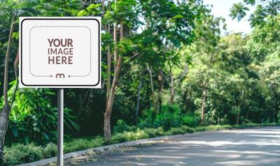 Rectangular Street Sign Mockup on a Tree-Lined Road