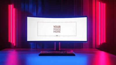 RGB Neon Lighting Gaming Monitor Mockup on Desk