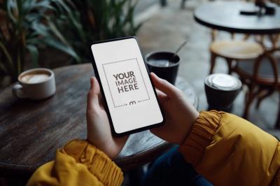 Smartphone Mockup on Woman's Hand in Dark Background