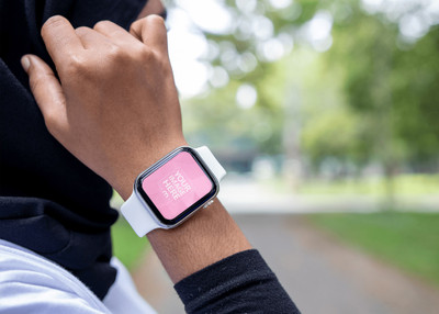 Smartwatch Mockup Featuring a Woman Touching Her Head