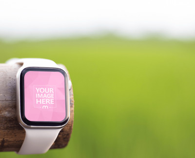 Smartwatch Mockup Featuring Out of Focus Rice Field Behind it