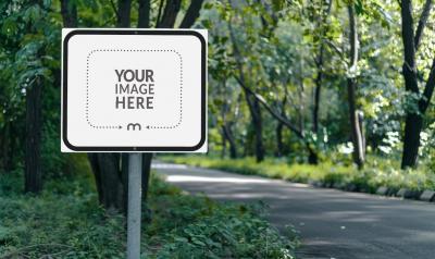 Street Sign Mockup on a Road with Lush Trees