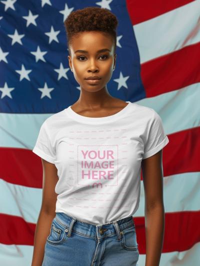 T-Shirt Mockup on Black Woman with American Flag Background