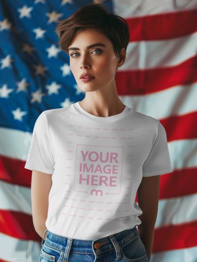 T-Shirt Mockup with Patriotic American Flag Backdrop