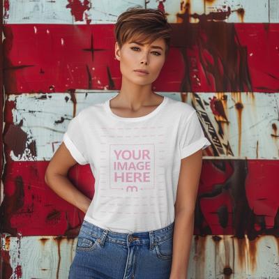 T-Shirt Mockup on Woman with Patriotic American Background