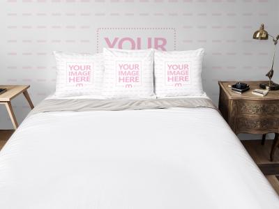 Three Pillows in Bed with Wallpaper in Old Style Room