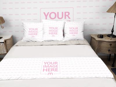 Throw Blanket and Three Pillows Mockup in Bedroom