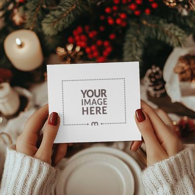 Top View of Christmas Invitation Card Mockup Held by a Person