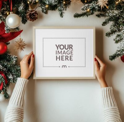 Top View of Empty Frame Mockup Held by Woman in Christmas Setting