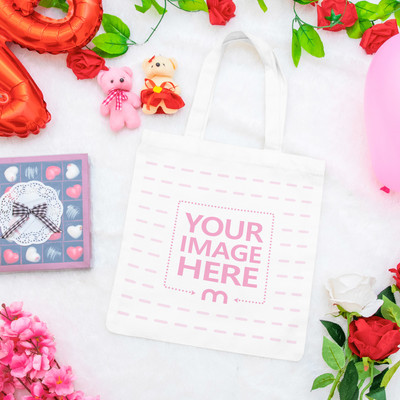 Tote Bag Mockup On A White Carpet Surrounded By Decorations