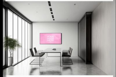 TV on Modern Meeting Room Wall Mockup Template