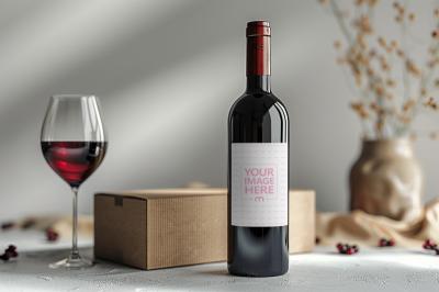 Wine Bottle Label Mockup with Glass Wine in Background