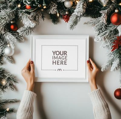 Woman Holding Empty Frame Mockup in a Christmas-Themed Setting